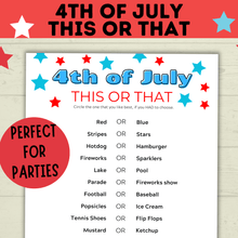 Load image into Gallery viewer, 4th of July Game | 4th of July This or That | 4th of July Party Game | Kids Games | Family Games | Independence Day | 4th of July Printable
