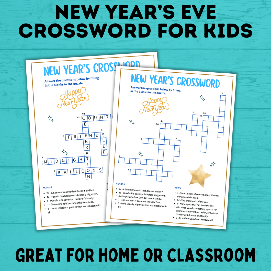 New Year's Eve Crossword for Kids | Kids Games | Kids Crosswords | Kids Puzzles | New Year's Eve Games for Kids | NYE Printables | Party