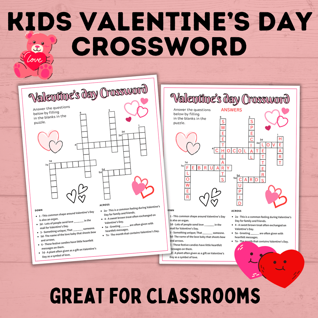 Valentine's Day Crosswords for Kids | Kids Games | Kids Activities | Valentine's Day Printables | Valentine's Day Games | PDF download