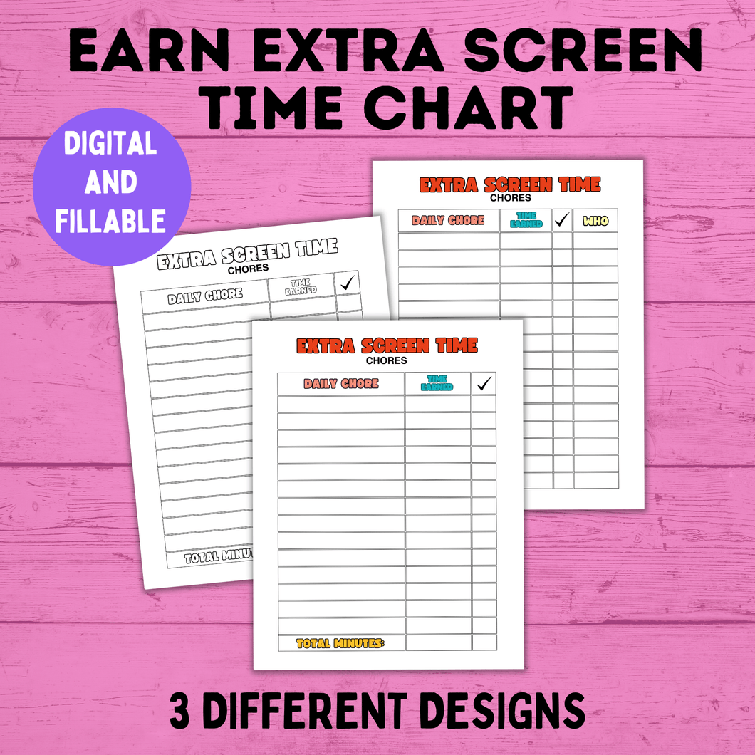 Chore Chart | Earn Screen Time Chart | Screen Time Chart | TV Chart | Electronic Chart | Technology Chart | Kids Chart | Charts for Kids