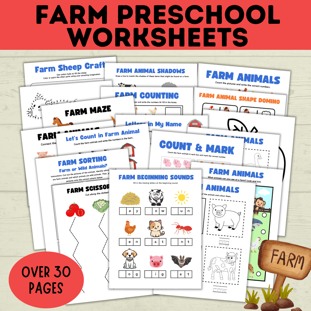 Farm Preschool Worksheets | Farm Activity | Farm Printables | Counting Printable | Toddler Counting | Word Tracing | Letter Recognition