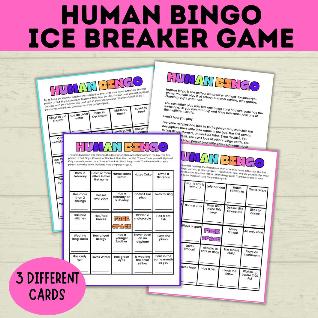 Kids Bingo | Human Bingo | Ice Breaker Bingo | Get to Know You Bingo | Kids Games | Party Games | Ice Breaker Games | Kids Printables