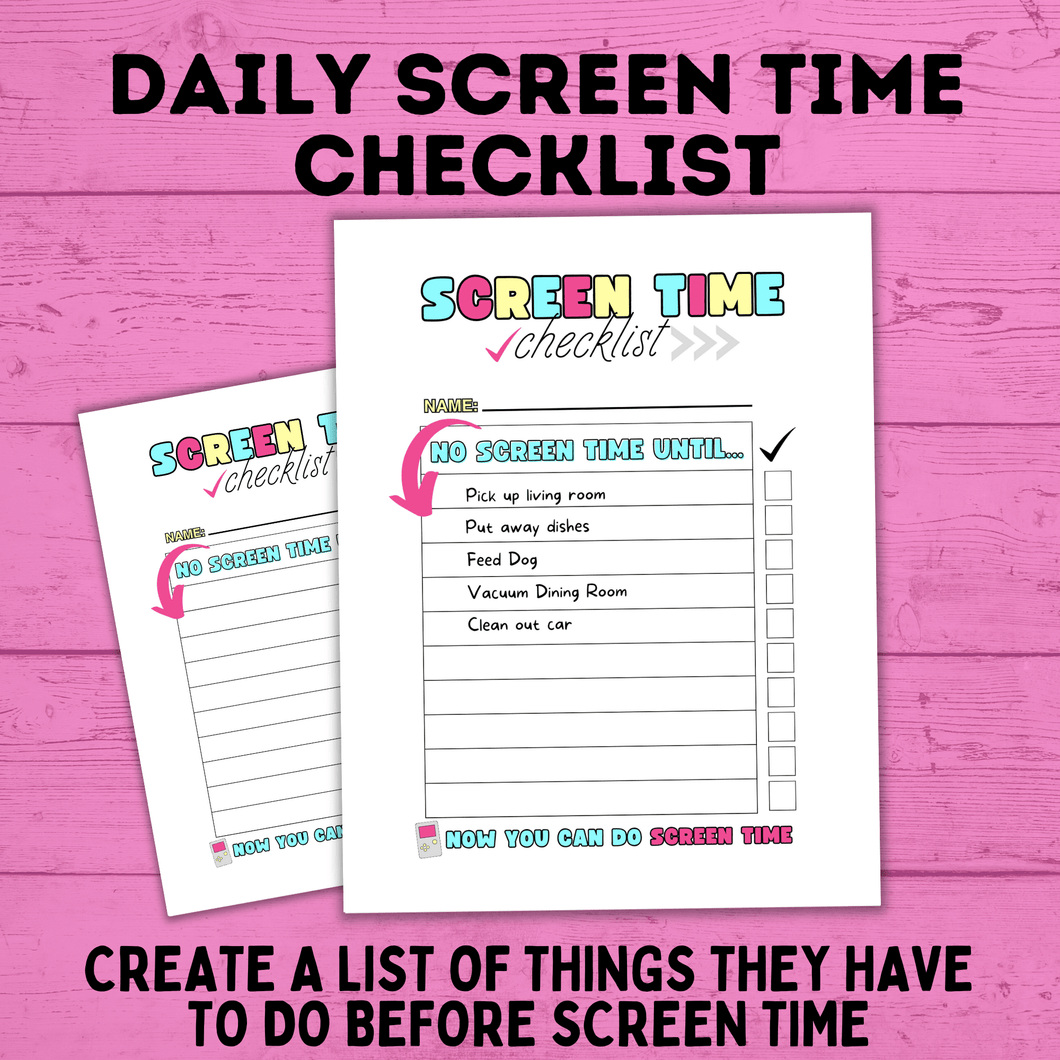 Daily Screen Time Checklist | Checklist for Kids | Screen Time Reward Chart | Chore Chart | TV Chart | Daily Checklist | Fillable PDF
