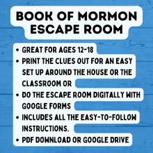 Load image into Gallery viewer, Book of Mormon Escape Room for Youth | Book of Mormon Games | Kids Escape Room | Youth Escape Room | Book of Mormon Activities | Digital
