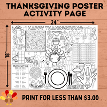 Load image into Gallery viewer, Thanksgiving Activity Page Poster | Thanksgiving Activity for Kids | Thanksgiving Posters | Thanksgiving Tablecloth | Thanksgiving Placemat
