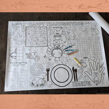 Load image into Gallery viewer, Thanksgiving Activity Page Poster | Thanksgiving Activity for Kids | Thanksgiving Posters | Thanksgiving Tablecloth | Thanksgiving Placemat
