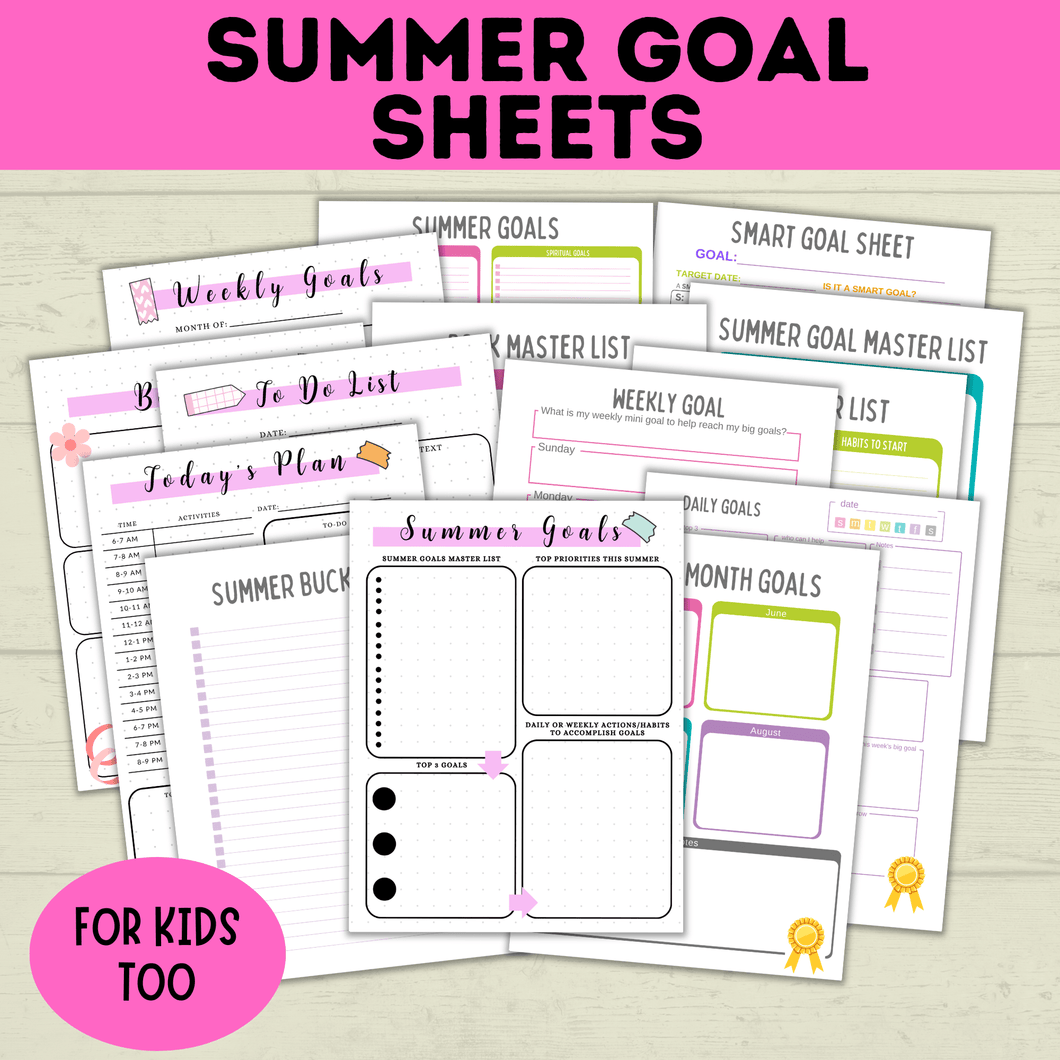 Summer Goal Sheets for Kids and Parents | Mom Goal Sheets | Setting Goals