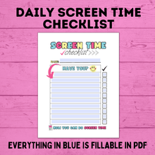 Load image into Gallery viewer, Daily Screen Time Checklist | Checklist for Kids | Screen Time Reward Chart | Chore Chart | TV Chart | Daily Checklist | Fillable PDF
