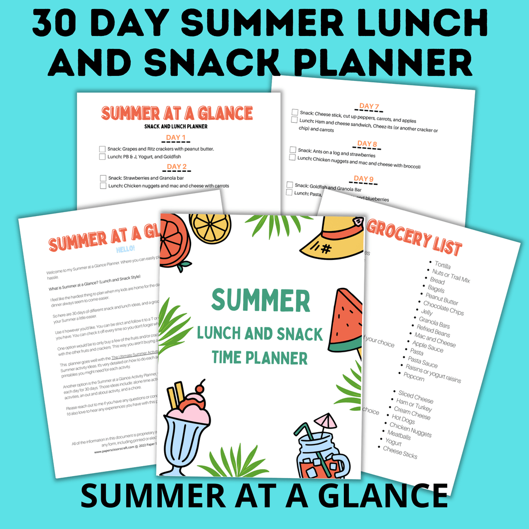 Lunch Planner | Kids Food Planner | Summer Planner | Summer Book for Kids | eBook