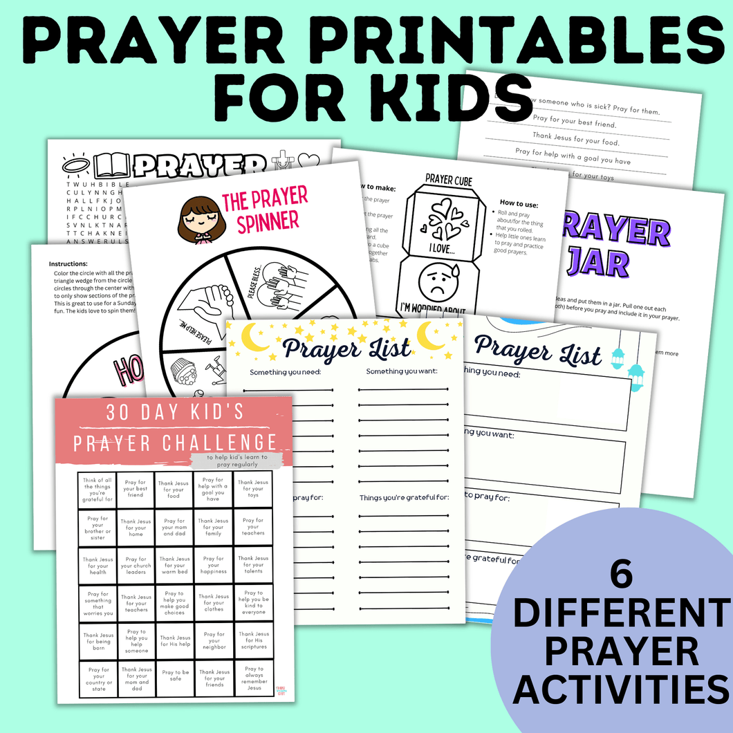 Prayer Printables for Kids | Prayer Prompts | Prayer Chart | Prayer Guide | Prayer Calendar | Prayer Activity | Sunday School Activity