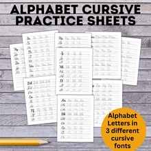 Load image into Gallery viewer, Cursive Alphabet Practice Sheets with Different Fonts | Handwriting Practice | Handwriting Cursive | Cursive Practice Sheets
