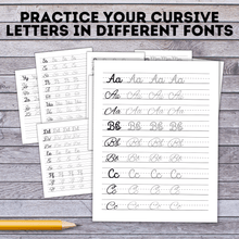 Load image into Gallery viewer, Cursive Alphabet Practice Sheets with Different Fonts | Handwriting Practice | Handwriting Cursive | Cursive Practice Sheets
