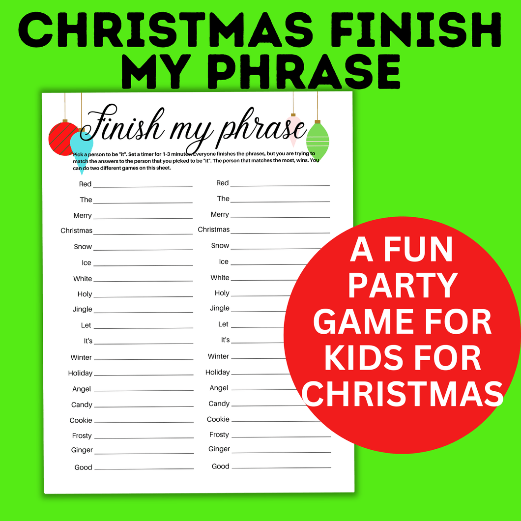 Christmas Finish my Phrase Game for Kids | Party Game | Christmas Printable