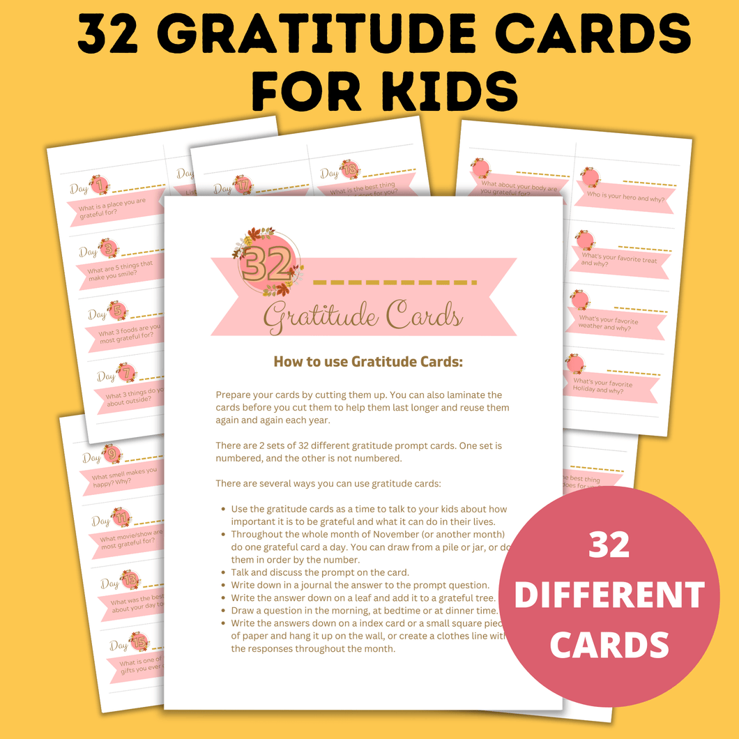 32 Gratitude Prompt Cards for Kids | Gratitude Activity | Thanksgiving Activity