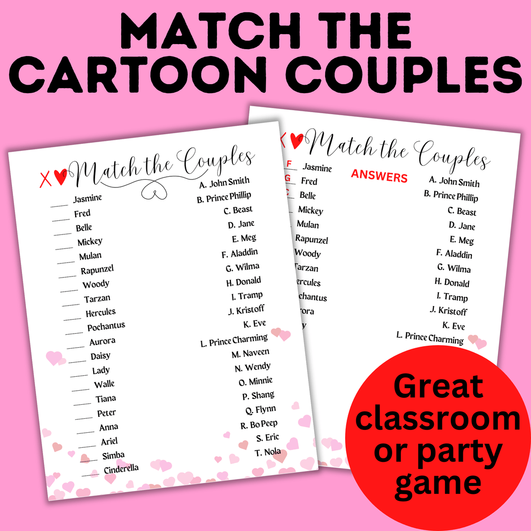 Match the Cartoon Couples for Valentine's Day | Valentine's Day Game for Kids | Kids Games