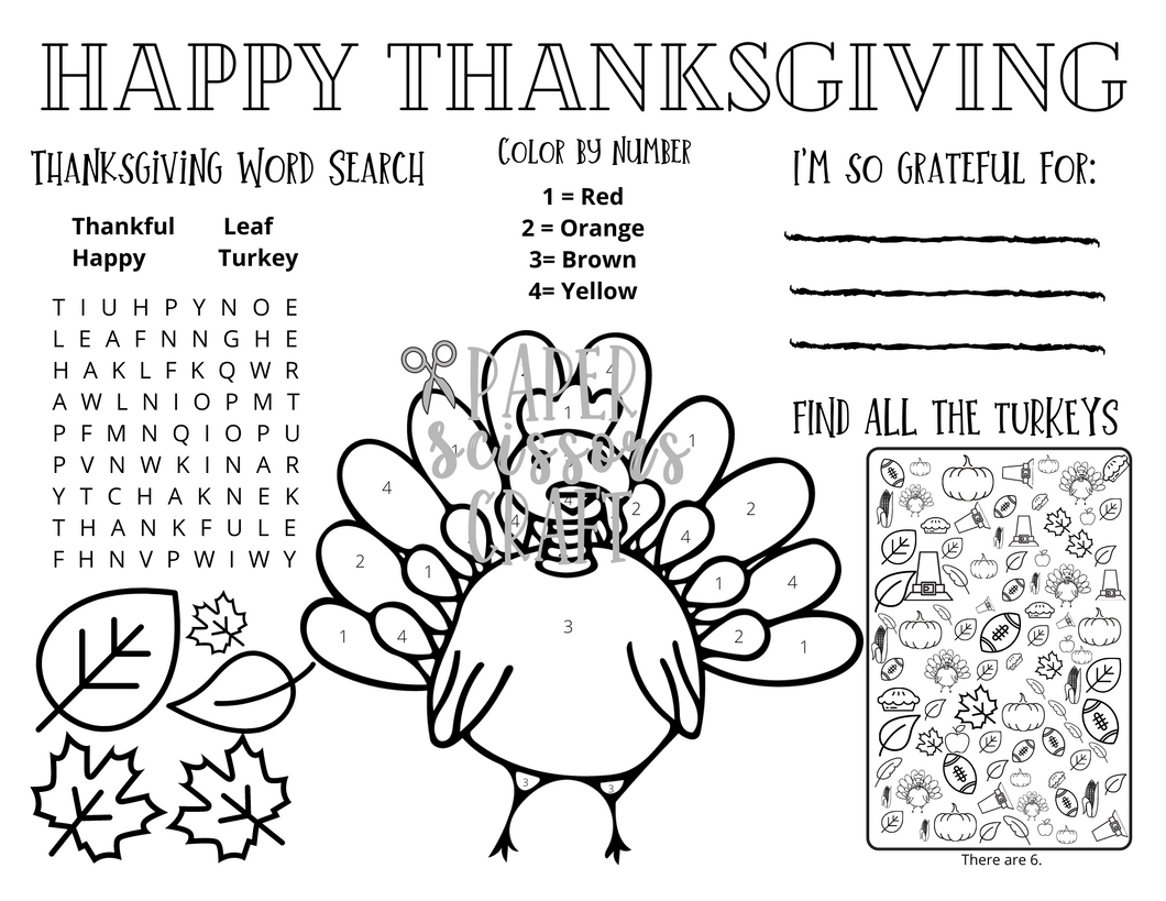 Happy Thanksgiving Kid's Coloring Place Mat
