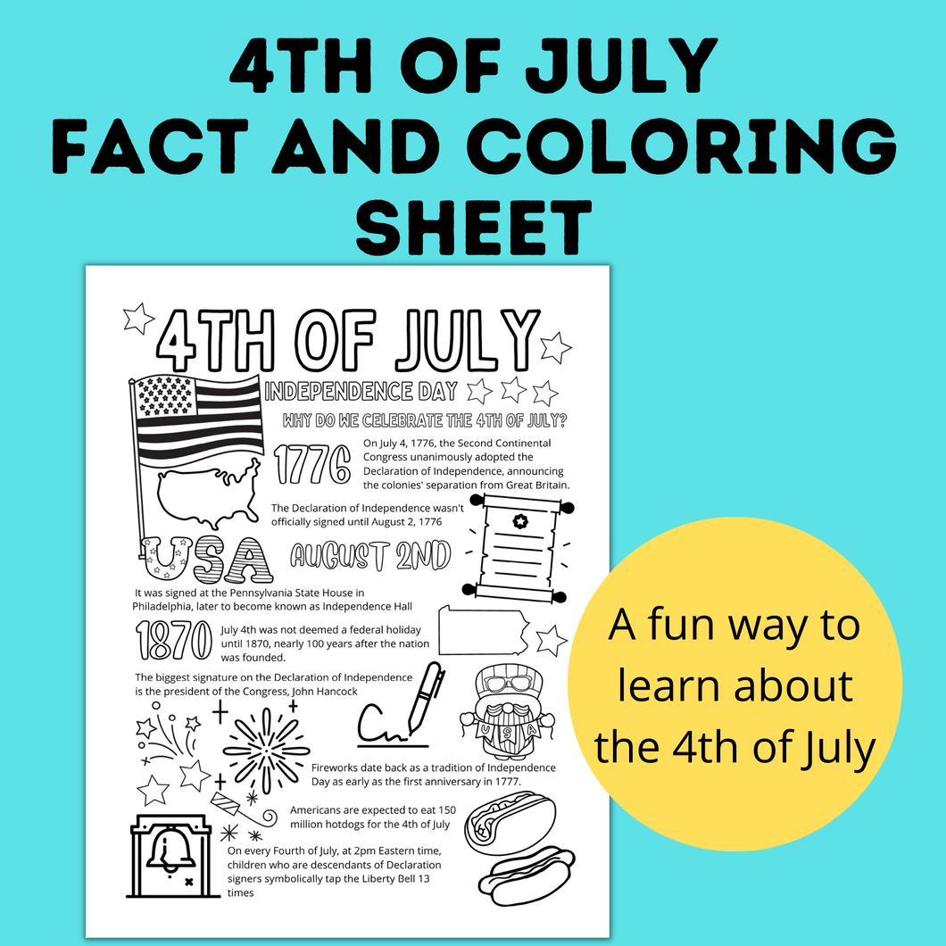 4th of July Coloring Page and Facts Sheet | Fourth of July Printable | Kids Coloring Page